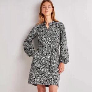 Boden Belted Jersey Shirt Dress Women’s Size 2 Black Floral Pebble Button Front